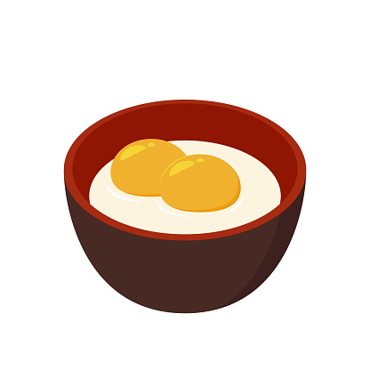 Onsen egg cartoon vector. Traditional famous Japanese Onsen egg soft boiled, medium rare egg yolk. Onsen egg isolated on white.