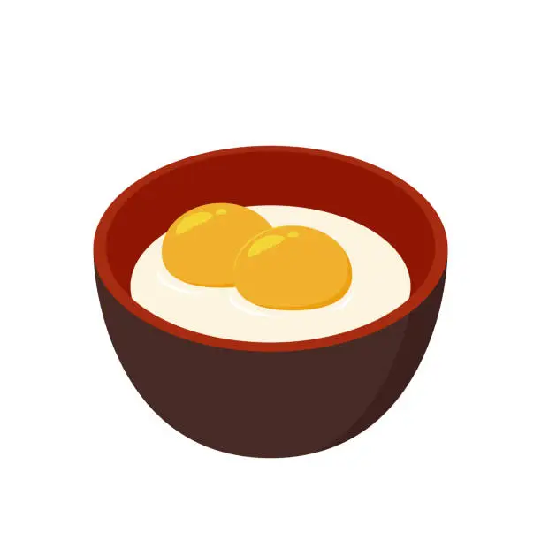 Vector illustration of Onsen egg cartoon vector. Traditional famous Japanese Onsen egg soft boiled, medium rare egg yolk. Onsen egg isolated on white.