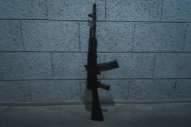 istock Firearms, ak74m assault rifle near the wall. 1970138429