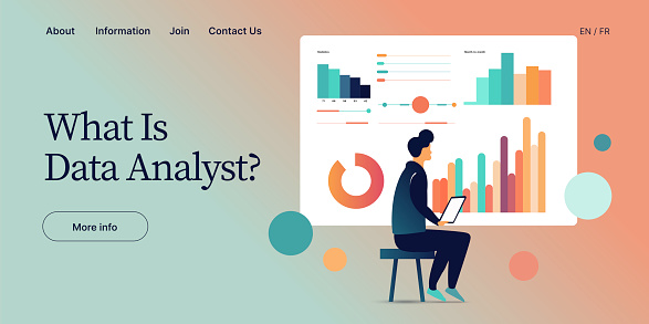 Male data analyst vector illustration in flat design. Analysis or analytics of statistics. Man working on research or report. Specialist in front of crm platform dashboard