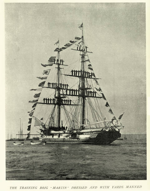 Vintage Picture, British Royal Navy training tall ship, Brig Martin, Sailors manning the yards, dressed with flags,  19th Century