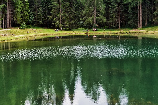 small lake surrounded by trees with a mountain range in the background. The water is still and reflecting the trees and mountains. There is a small pier extending out into the lake.