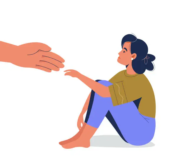 Vector illustration of Human hand helps sad lonely woman get rid of depression. Young unhappy girl hugs her knees. Concept of support, mental health aids and care for people under stress. Vector illustration in flat style.