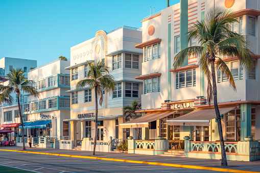 Miami Beach, United States - January-13-2024 - art deco buildings of the famous ocean drive in the morning light