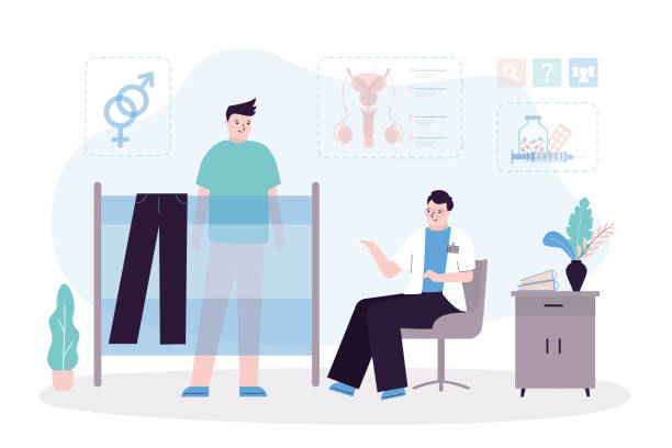 Man with health problems erection or erectile dysfunction on medical examination with andrologist. Medical care, patient talk with doctor in office room. Man with health problems erection or erectile dysfunction on medical examination with andrologist. Medical care, patient talk with doctor in office room. Treatment of prostate gland. flat vector erectile dysfunction images stock illustrations
