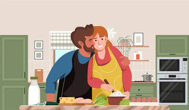 Vector illustration of Happy family member cooking together at home kitchen. Smiling people couple cooking preparing food, dining together. Cooking courses landing page template. Preparing homemade meal vector illustration