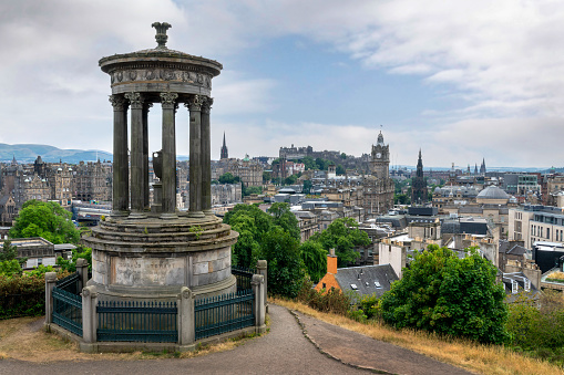 Aerial view of the town and castle  of  Edinburgh with Dugald Stewart monument in Scotland