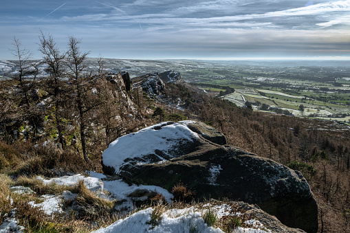 Landscape view of the Quantock Hills in Somerset covered in snow.