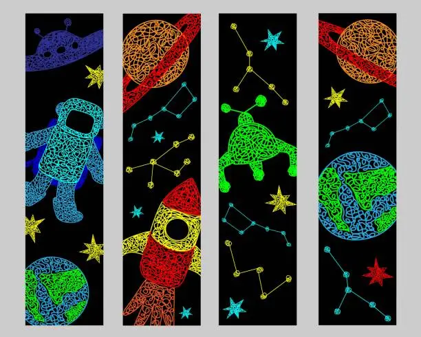 Vector illustration of Set bookmarks with hand drawn stars, flying sauer, planet, mars rover, rocket, earth planet,constellations on black background in childrens naive style.