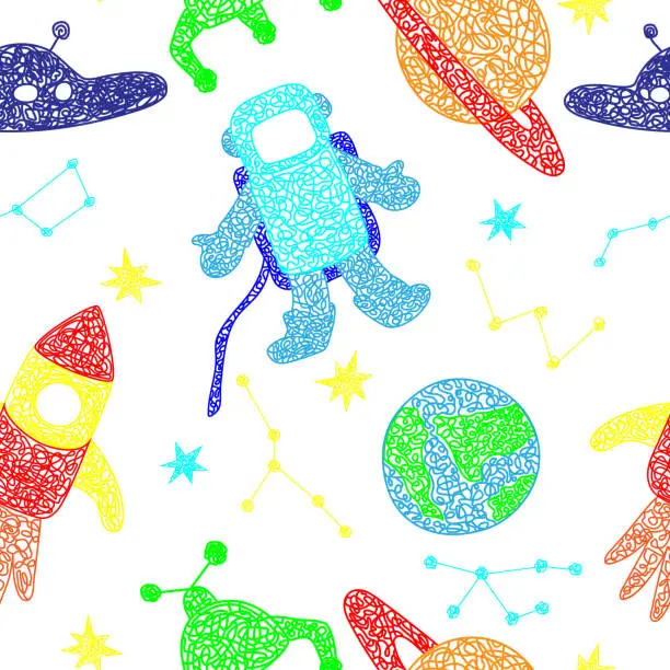 Vector illustration of Seamless pattern with hand drawn stars, flying sauer, planet, mars rover, rocket, earth planet,constellations on white background in childrens naive style.