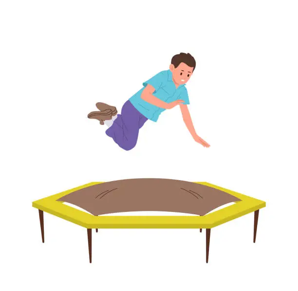 Vector illustration of Playful boy cartoon character flying over trampoline making gymnastics tricks isolated on white