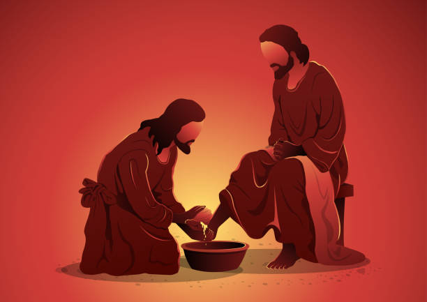 stockillustraties, clipart, cartoons en iconen met jesus christ washing apostles feet vector illustration - voetbad