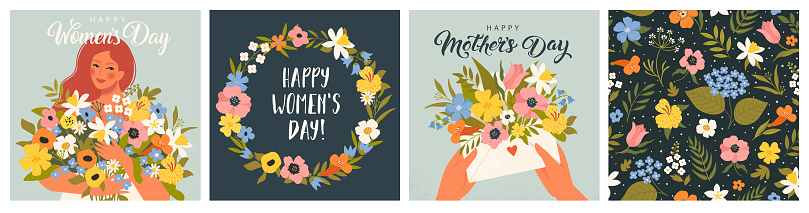 Happy Women's Day March 8! Cute cards and posters for the spring holiday. Vector illustration of a date, a women and a bouquet of flowers