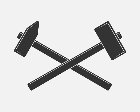 Two crossed hammers graphic sign. Working tools sign isolated on white background. Logo element. Vector illustration