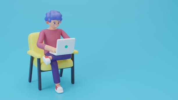 Smiling happy man with laptop sitting in armchair. Businessman working in home and using social networks. Cartoon character man working with laptop at the yellow armchair. 3d render illustration. hombre feliz sonriente con computadora portátil sentado en el sillón. empresario que trabaja en casa y utiliza las redes sociales. hombre de personajes de dibujos animados que trabaja con una computadora portátil en el sillón amarillo. ilustración de