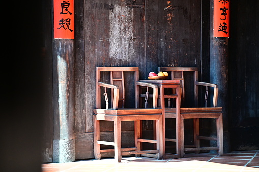 Taipei, Taiwan - Jan 19, 2024: Lin An Tai Historical House and Museum. A corner of the main hall of the house.