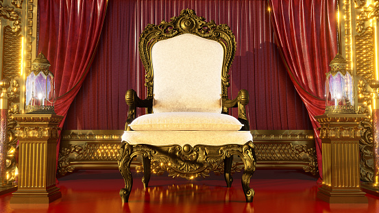 3D render of red carpet with golden barriers and shining lantern leading to luxurious king armchair with gold frame, vip concept