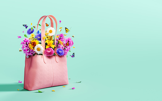 Pink leather bag full of colorful spring flowers on turquoise blue background with copy space. 3D Rendering, 3D Illustration