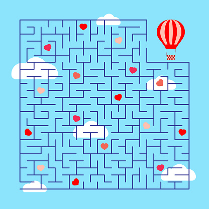 Vector illustration. Puzzle game for Valentine's Day. Labyrinth search for hearts. Fly in a hot air balloon, collect all the hearts and find a way out of the maze.