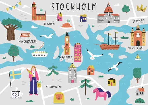 Vector illustration of Vector stylized illustrated city map of Stockholm with famous landmarks, places and symbols
