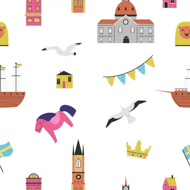 Vector illustration of Seamless pattern with animals and symbols of Stockholm city, Sweden