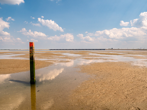 Wooden beach pole with red top in puddle at low tide of Slijkgat near Haringvlietdam, South Holland, Netherlands