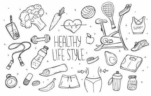 Healthy lifestyle hand drawn set. Collection doodle objects with fitness, sport, fruit, yoga symbols.