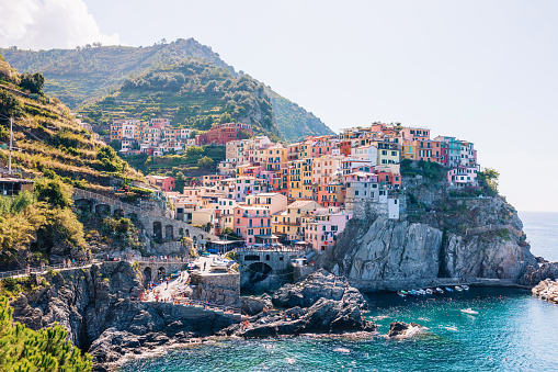 Beautiful view of Manarola. It is one of the five famous colorful villages of National Park in Italy. between the sea and land on the rocks.