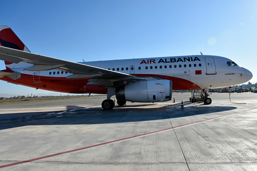 Tirana, Albania - December 18, 2023: Air Albania, Tirana International Airport, Nene Tereza, Albania, Europe, Airport Ground Stewardess Working