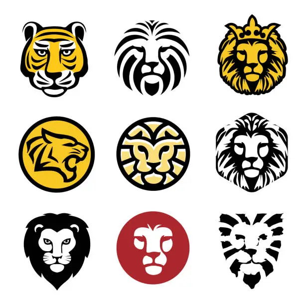 Vector illustration of collection of lion and tiger head symbol