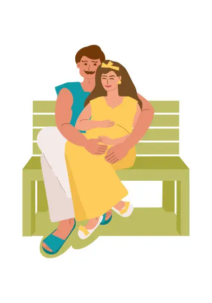 Vector illustration of husband hugs pregnant wife on a bench