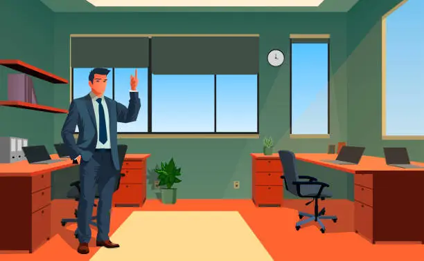 Vector illustration of Detailed vector illustration of Confident mature businessman in office,Manager in suit encourages everyone in the office