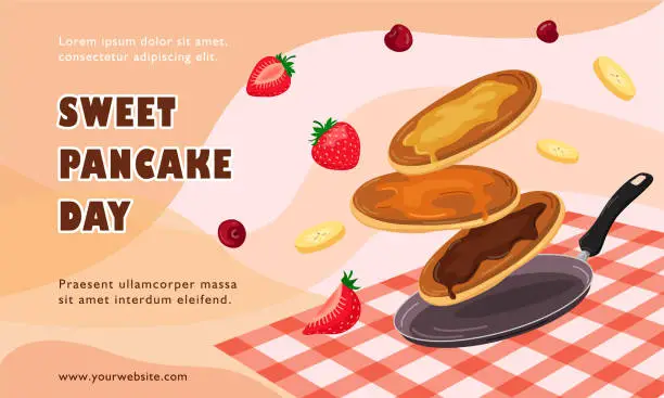 Vector illustration of Vector banner for Pancake Day. Pancakes with syrup, melted butter and chocolate flying over the frying pan.