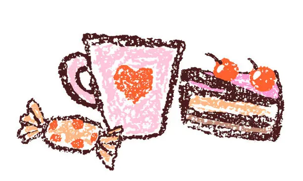 Vector illustration of Doodle hand drawn sweet food with cappuccino, cocoa, coffee cup.