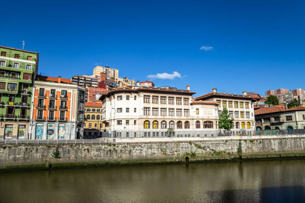 Old city architecture next to the River Bilbao lovely summer sunny day Bilbao Basque Country Northern Spain Europe