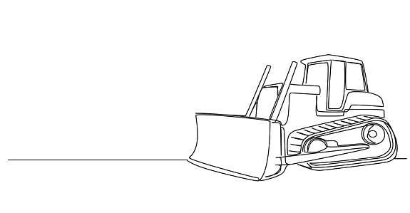 continuous single line drawing of bulldozer, construction machinery line art vector illustration