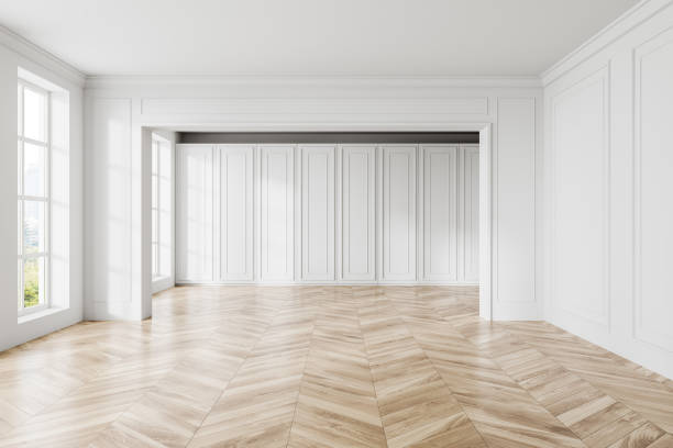 istock Stylish home empty living room interior, panoramic window on skyscrapers 1970322994