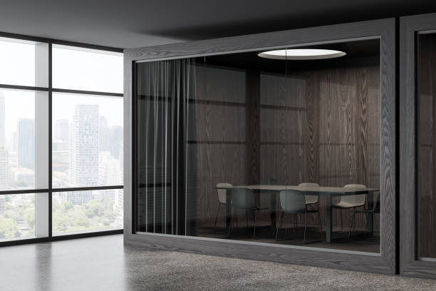 istock Grey glass meeting room interior with board and chairs, panoramic window 1970325102