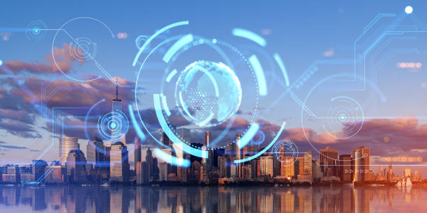 istock Evening city panorama with network interface and planet hologram. New York 1970327732