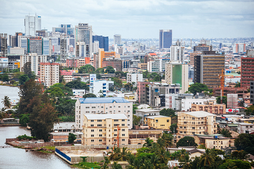 Lagos, Nigeria - Aerial view to Victoria Island cityscape from high point.