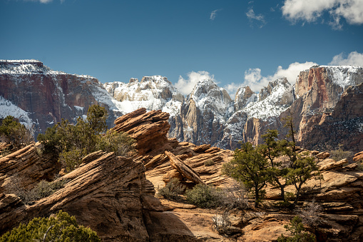 Towers Of The Virgin Blanketed In Snow With Rocks At Canyon Overlook In Zion National Park