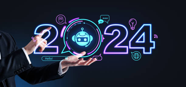 istock Man hands with 2024 year hologram and robot communication icons 1970336768