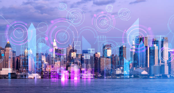 istock Wireframe digital interface and network hologram in city. New York 1970337826