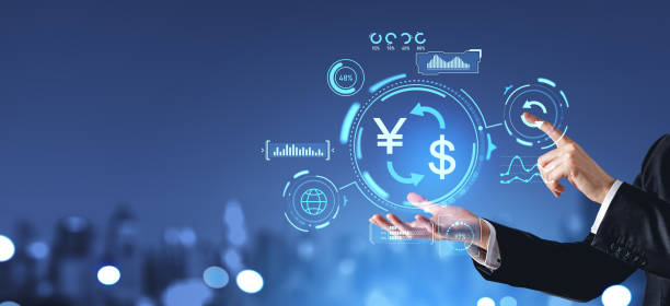 istock Man hands using yuan or yen dollar exchange interface in city 1970338898