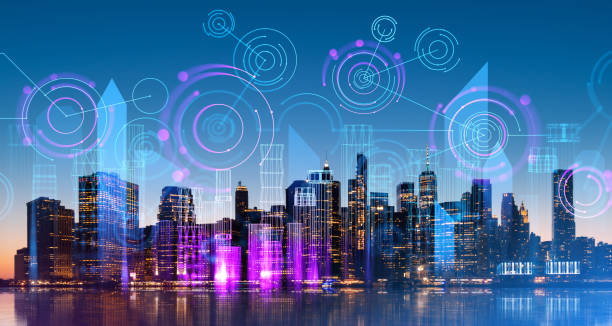 Wireframe digital interface and network hologram in night city. New York