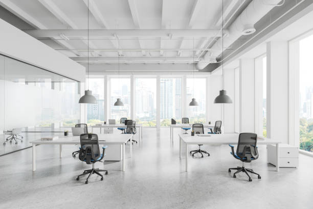 istock Light business interior with coworking and conference zone, panoramic window 1970342626
