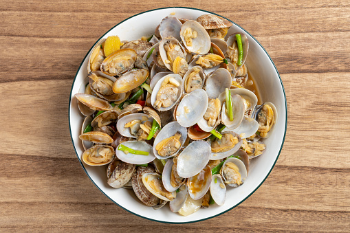 top view fresh homemade stir-fried clams