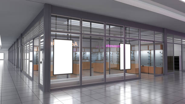 Store facade with glass storefront, blank glowing signboard mockup