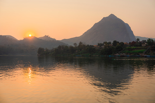 Scenic view of colourful sunset over Mekong river in Laos