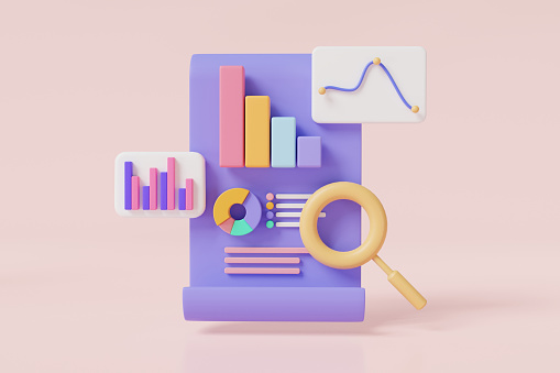 3d icon render illustration of Clipboard checklist with magnifying and Dashboard and Business report chart, business financial audit, financial research report, SEO optimization. Data analysis concept